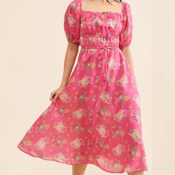 Spell Pink Floral Linen Midi Dress - Picture 4 of 4